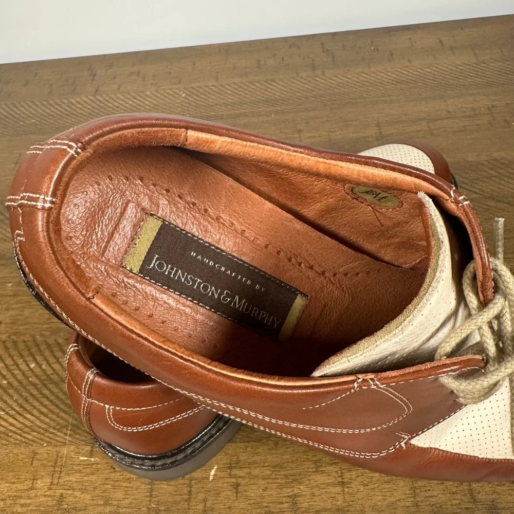 Johnston Murphy Shoes Mens 9.5 Brown Cream Handcrafted Leather Oxford Italy